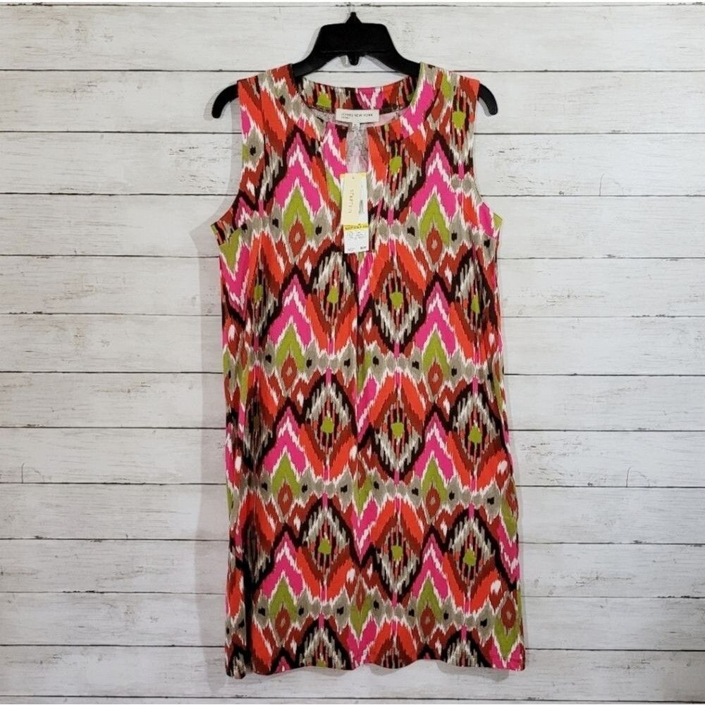 NWT Jones New York MOD 60s Style Colorful Print Sleeveless Shift Dress Sz Medium - Picture 1 of 9